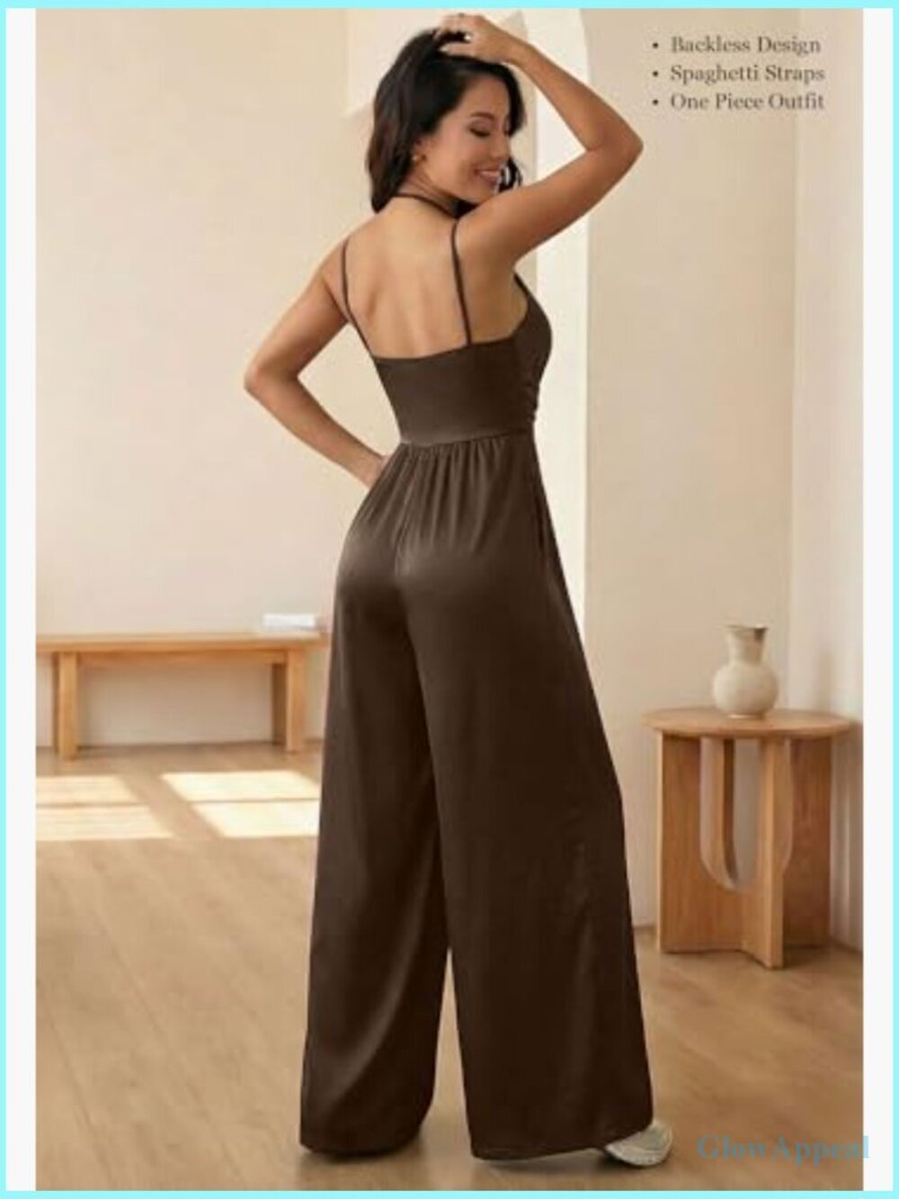 Wide Leg Jumpsuit Backless Spaghetti Strap Ruched Bodice Stretch One Piece - Picture 2 of 7